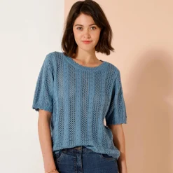Trui met festonafwerking en korte mouwen, fantasie ajourtricot