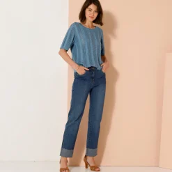 Trui met festonafwerking en korte mouwen, fantasie ajourtricot