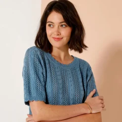 Trui met festonafwerking en korte mouwen, fantasie ajourtricot