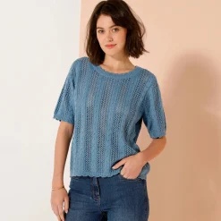 Trui met festonafwerking en korte mouwen, fantasie ajourtricot