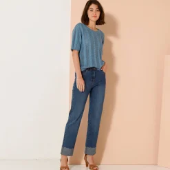 Trui met festonafwerking en korte mouwen, fantasie ajourtricot