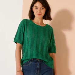 Trui met festonafwerking en korte mouwen, fantasie ajourtricot