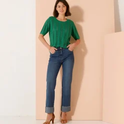 Trui met festonafwerking en korte mouwen, fantasie ajourtricot