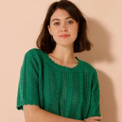Trui met festonafwerking en korte mouwen, fantasie ajourtricot