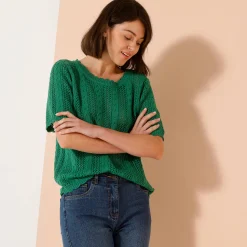 Trui met festonafwerking en korte mouwen, fantasie ajourtricot