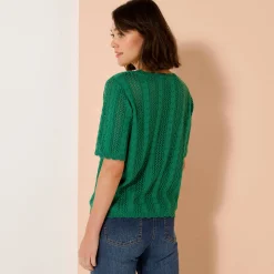 Trui met festonafwerking en korte mouwen, fantasie ajourtricot