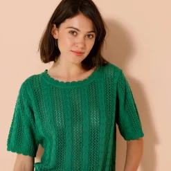 Trui met festonafwerking en korte mouwen, fantasie ajourtricot