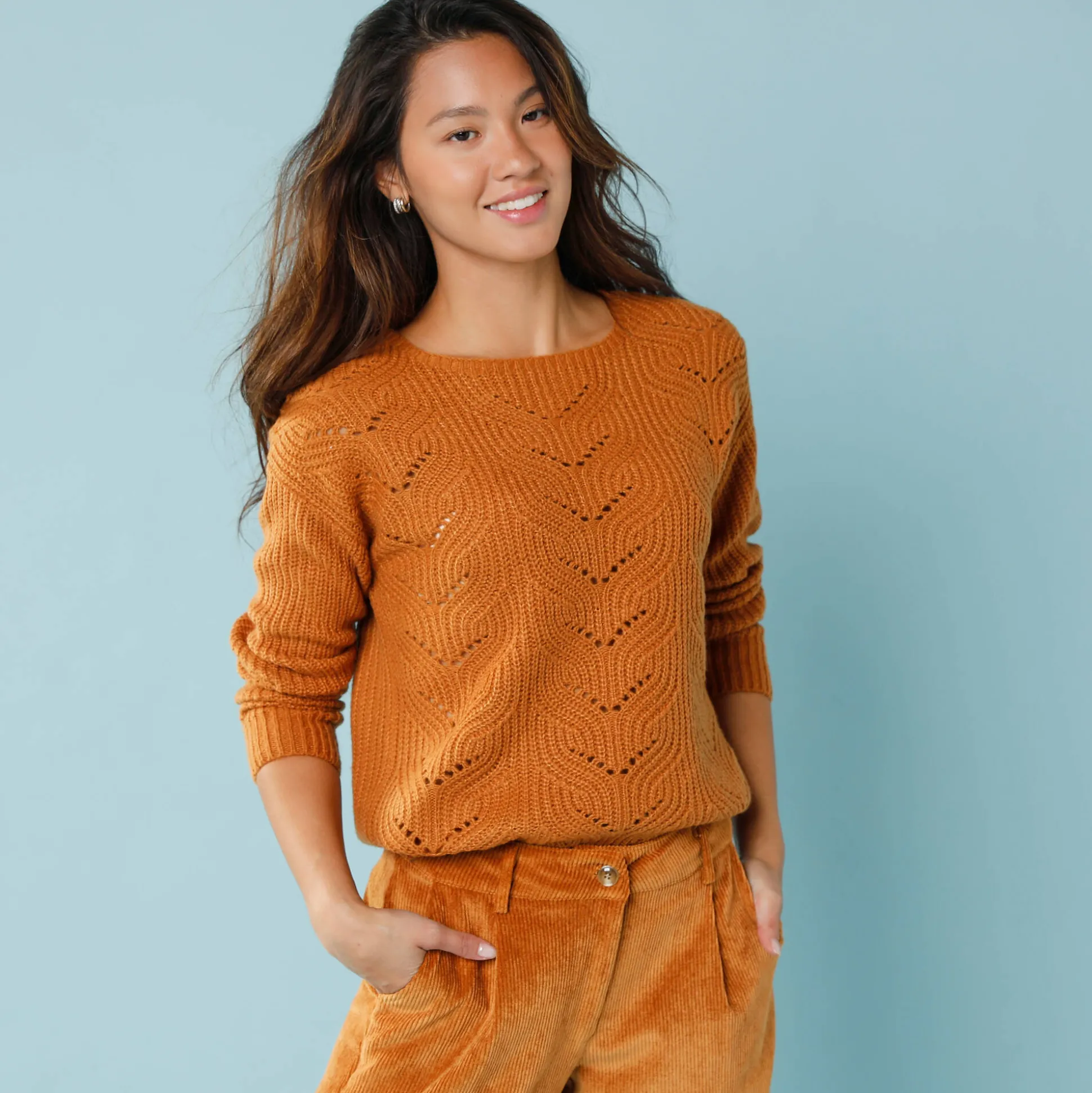 Trui met lange mouwen en ronde hals, pareltricot, speciaal voor kleine lengtes