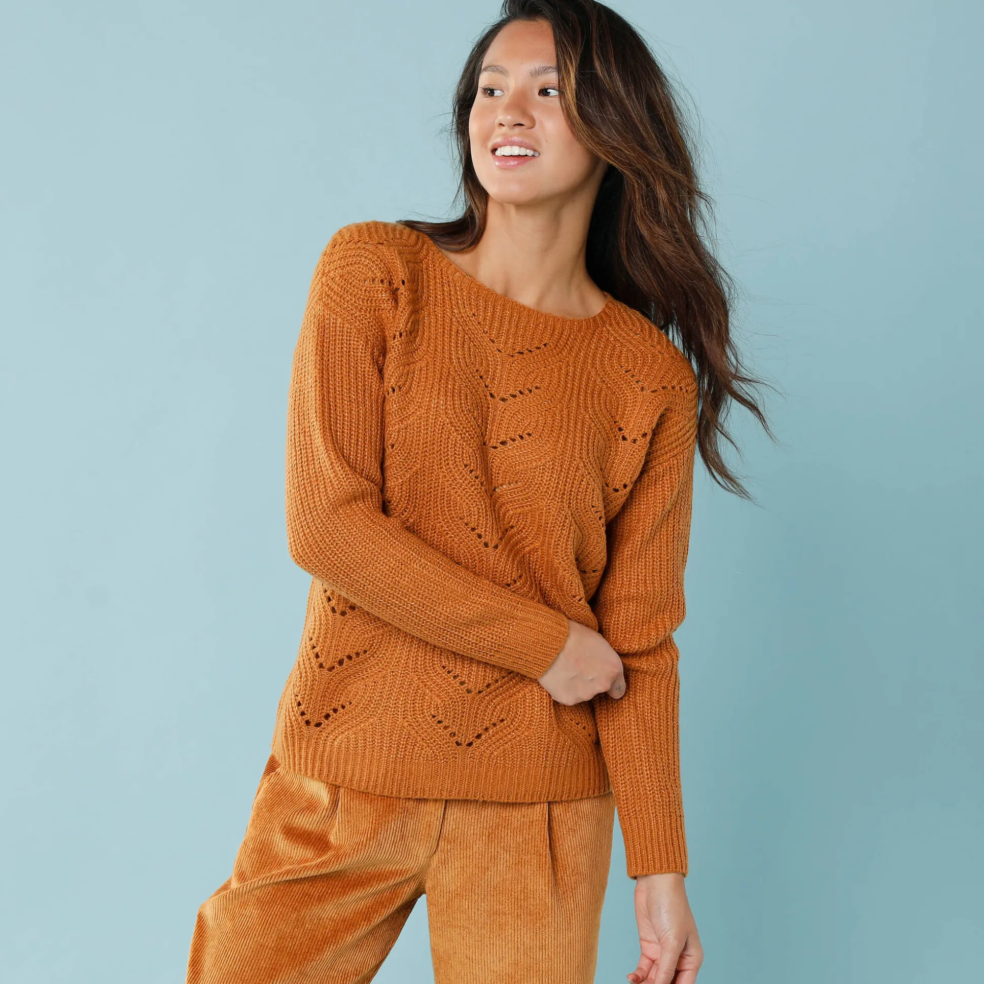 Trui met lange mouwen en ronde hals, pareltricot, speciaal voor kleine lengtes