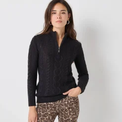 Trui met opstaande ritskraag, kabeltricot en kasjmiertouch