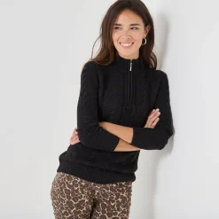 Trui met opstaande ritskraag, kabeltricot en kasjmiertouch