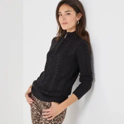 Trui met opstaande ritskraag, kabeltricot en kasjmiertouch
