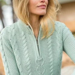 Trui met opstaande ritskraag, kabeltricot en kasjmiertouch