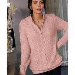 Trui met opstaande ritskraag, kabeltricot en kasjmiertouch