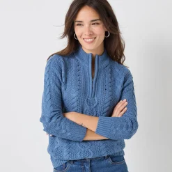 Trui met opstaande ritskraag, kabeltricot en kasjmiertouch