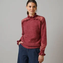 Trui met opstaande ruchekraag, harig tricot en geborduurde tule