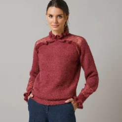 Trui met opstaande ruchekraag, harig tricot en geborduurde tule