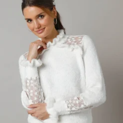 Trui met opstaande ruchekraag, harig tricot en geborduurde tule
