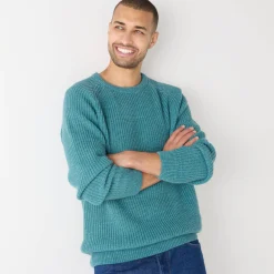 Trui met ronde hals en haak ingezette mouwen, patenttricot met 30% wol