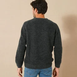 Trui met ronde hals en haak ingezette mouwen, patenttricot met 30% wol