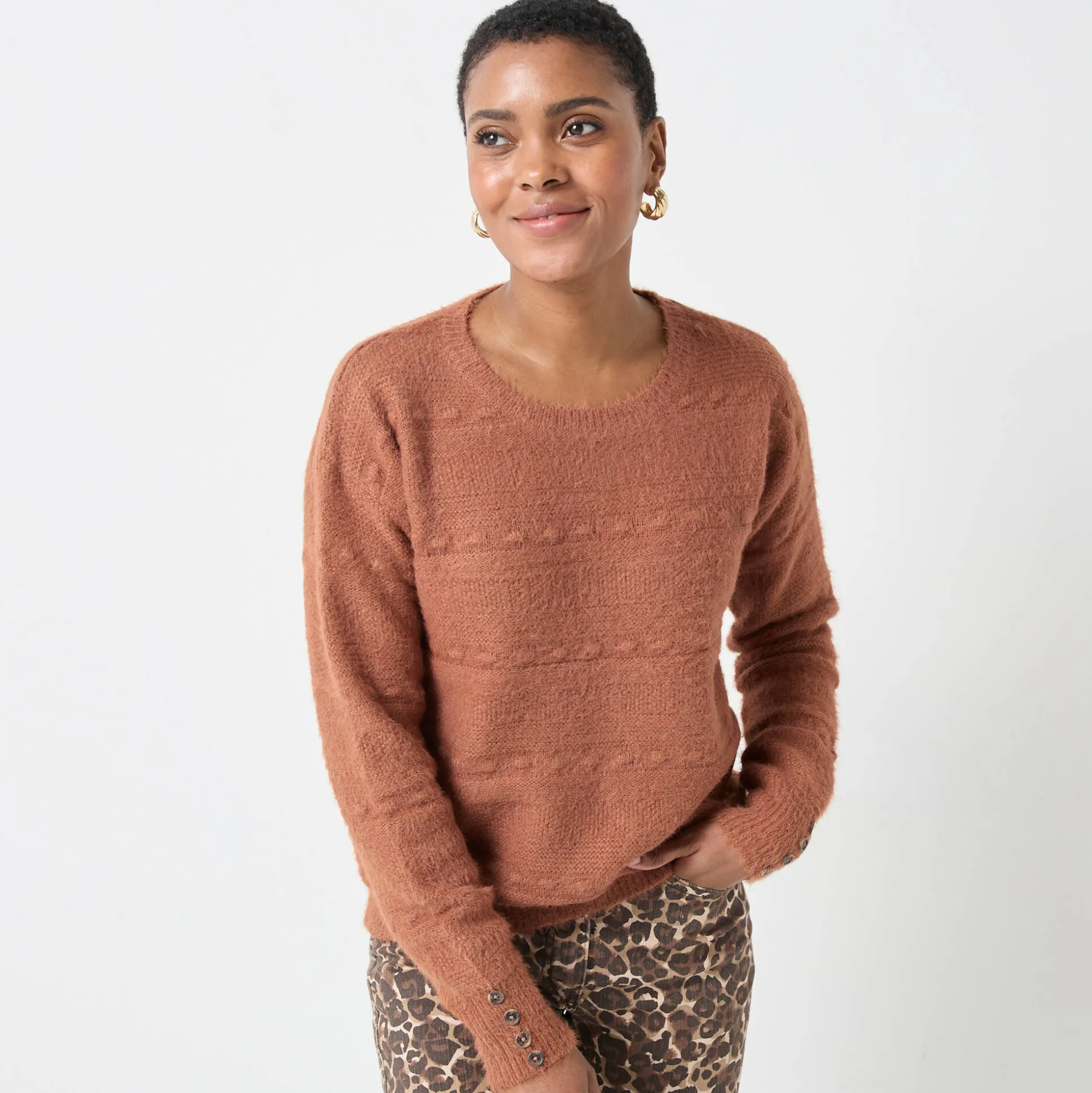 Trui met ronde hals, harig fantasietricot