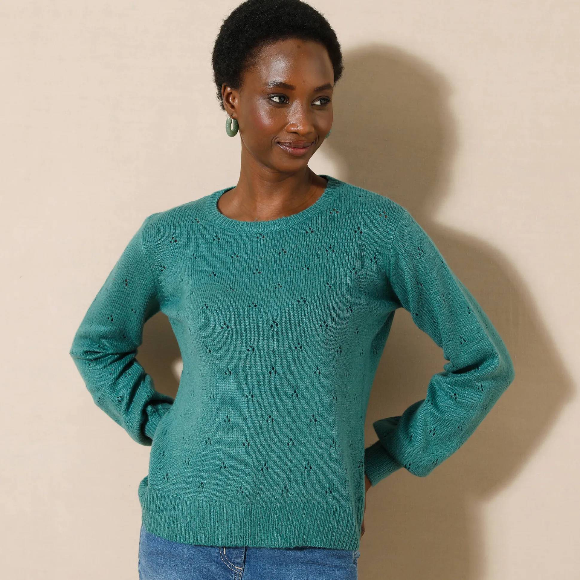 Trui met ronde hals, pointelletricot met mohairtouch