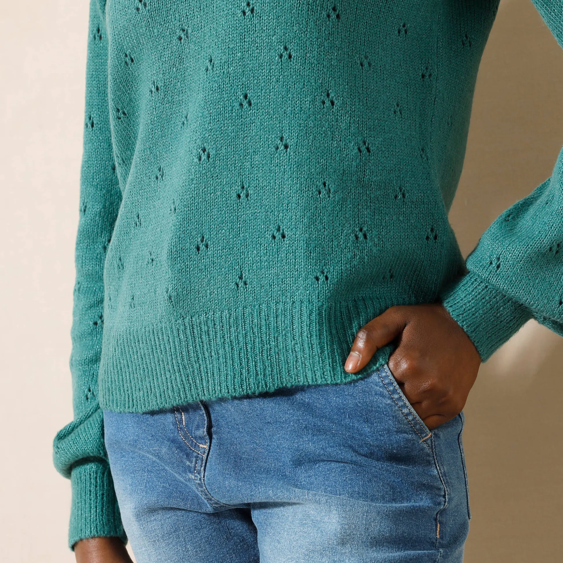 Trui met ronde hals, pointelletricot met mohairtouch