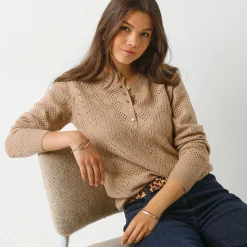 Trui met Tunesische hals, in ajourtricot