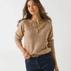 Trui met Tunesische hals, in ajourtricot