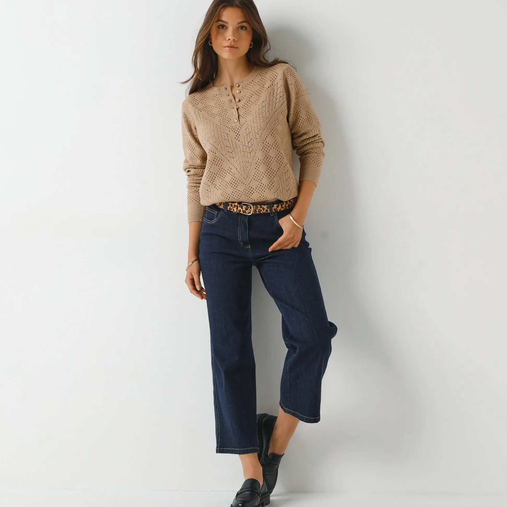 Trui met Tunesische hals, in ajourtricot