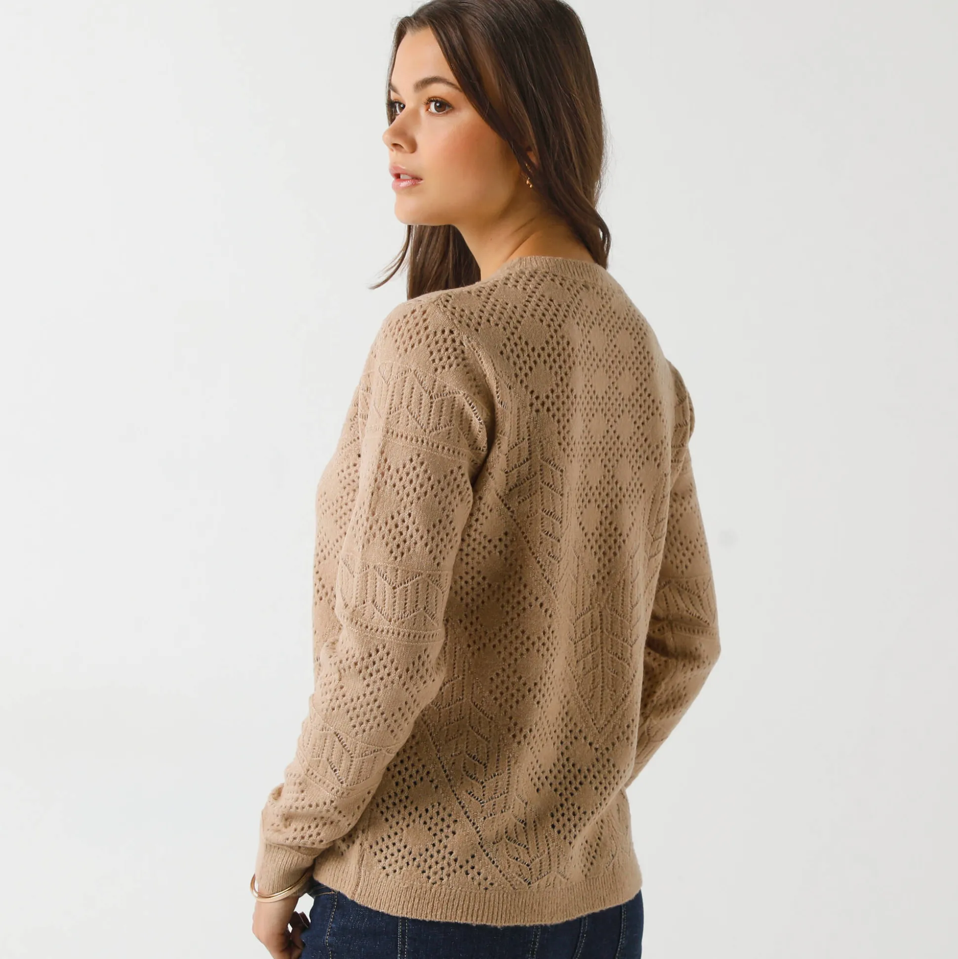 Trui met Tunesische hals, in ajourtricot