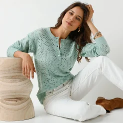 Trui met Tunesische hals, in ajourtricot