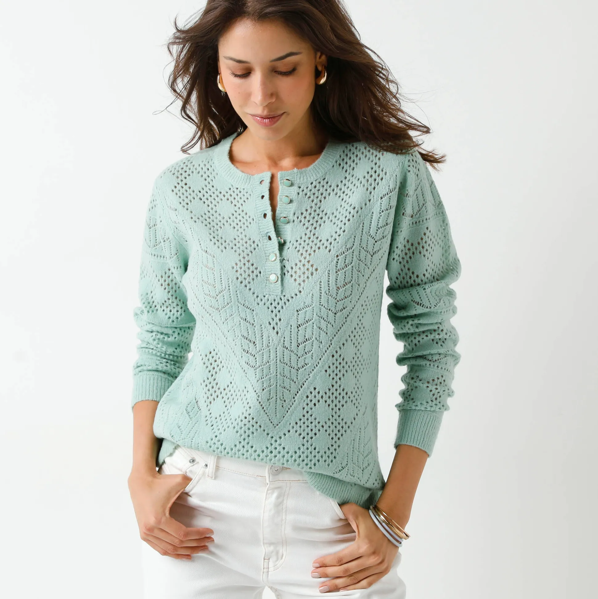 Trui met Tunesische hals, in ajourtricot