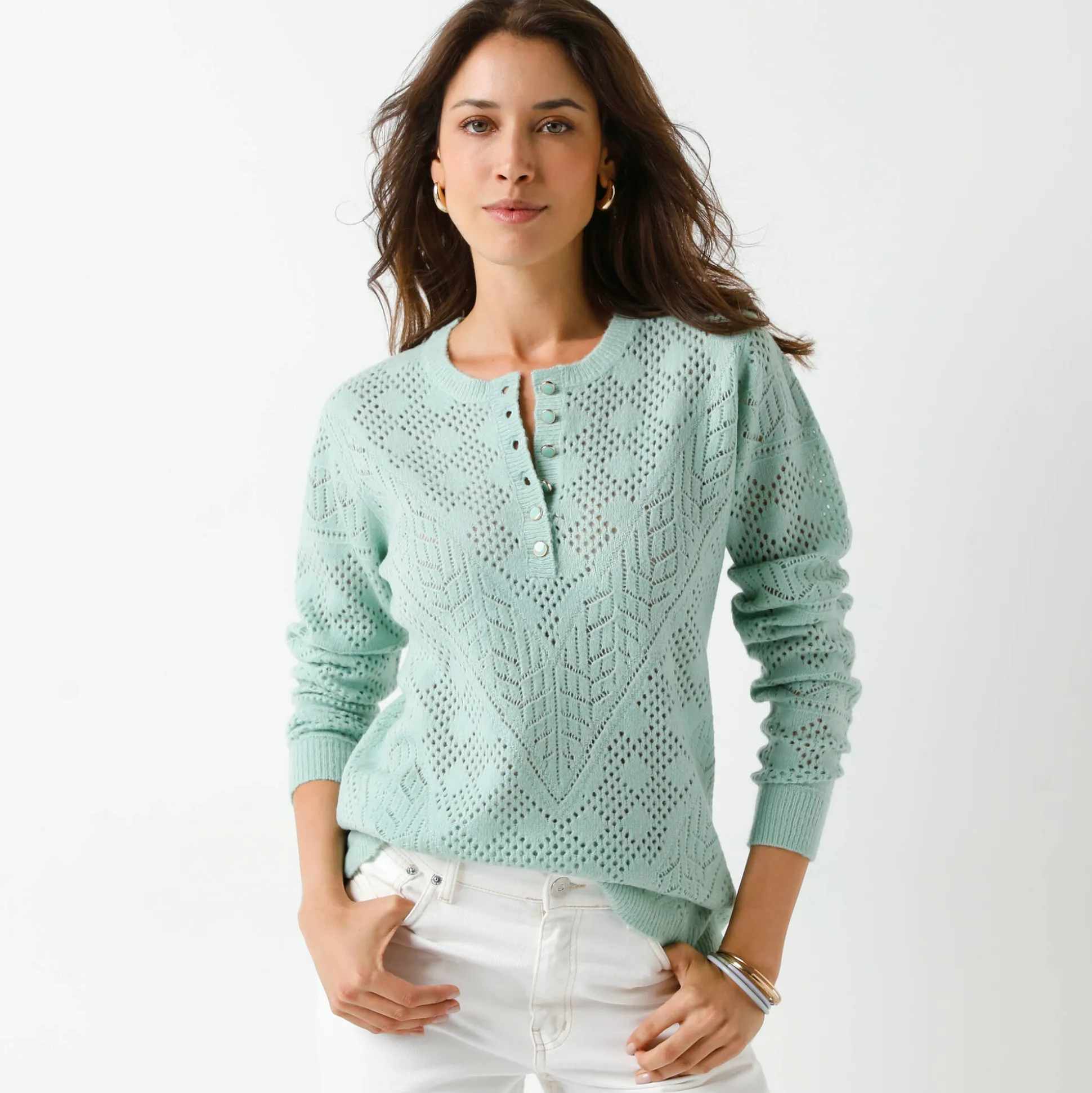 Trui met Tunesische hals, in ajourtricot