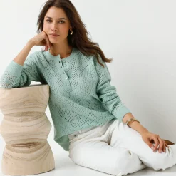 Trui met Tunesische hals, in ajourtricot