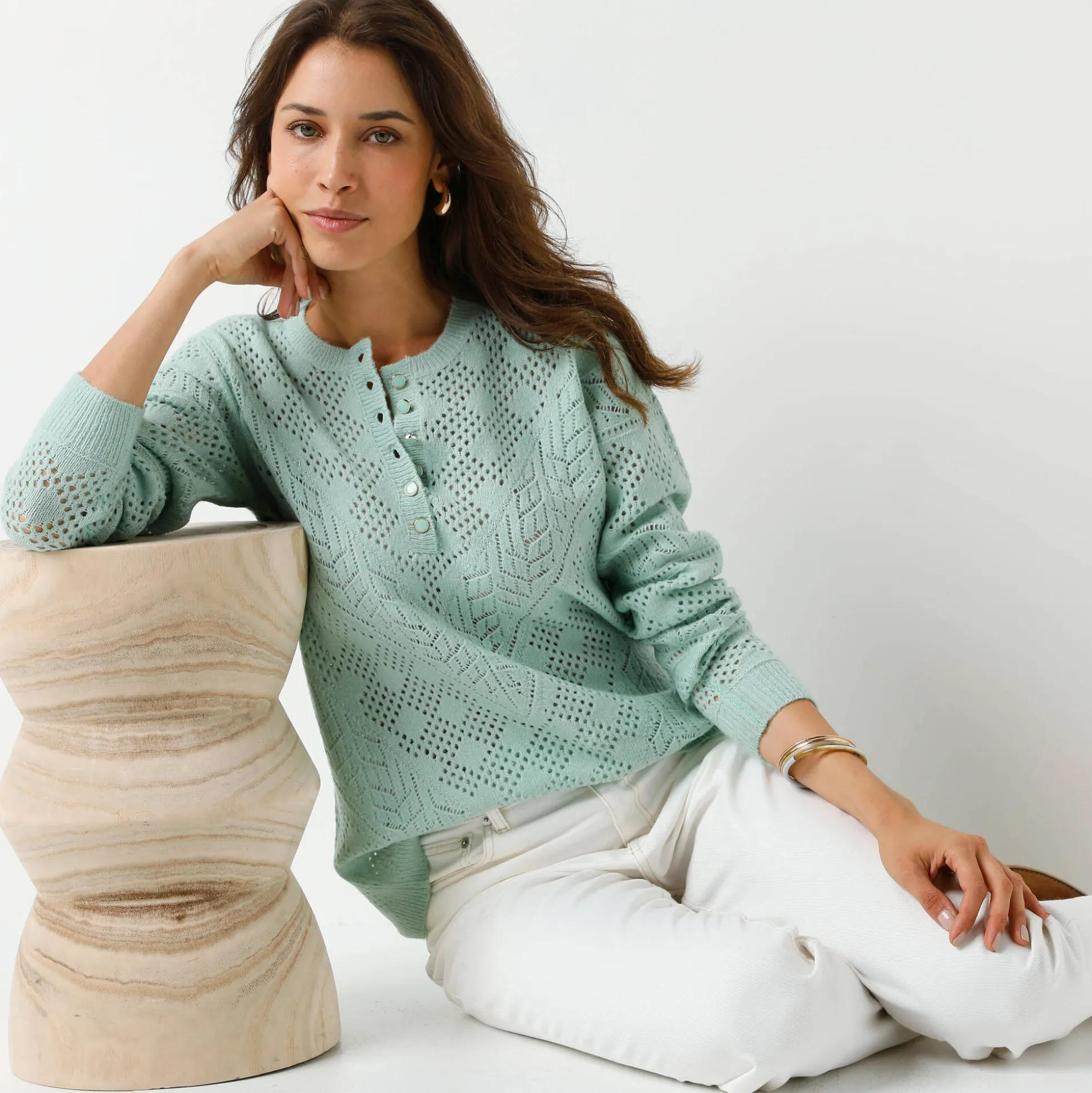 Trui met Tunesische hals, in ajourtricot