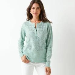 Trui met Tunesische hals, in ajourtricot