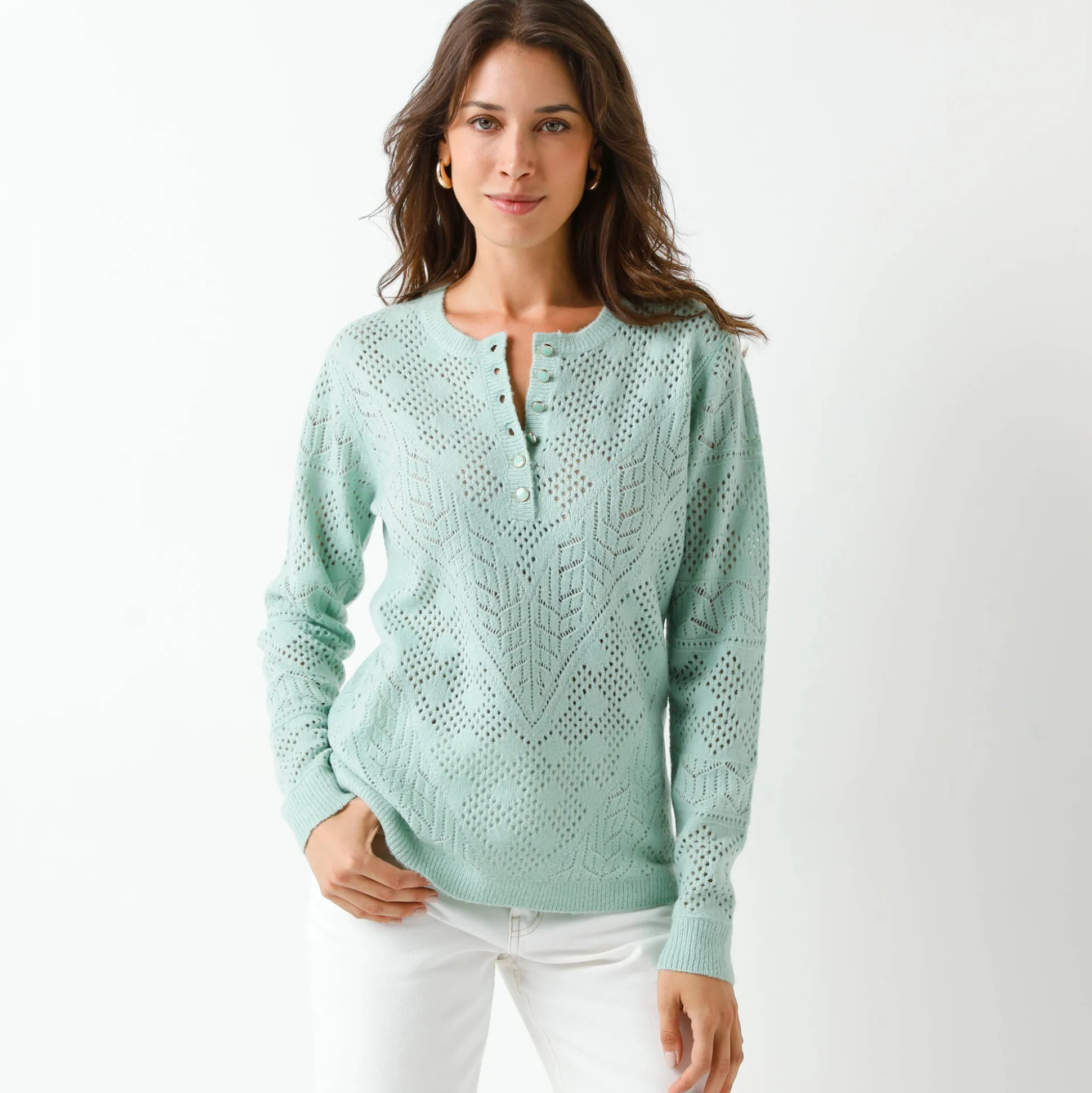 Trui met Tunesische hals, in ajourtricot