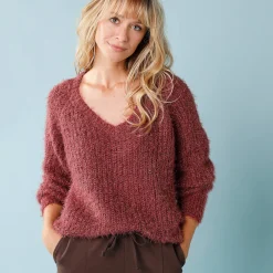 Trui met V-hals, 'loose' volume, in fantasie pareltricot