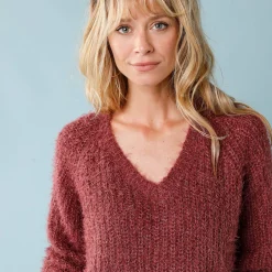 Trui met V-hals, 'loose' volume, in fantasie pareltricot
