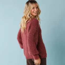 Trui met V-hals, 'loose' volume, in fantasie pareltricot