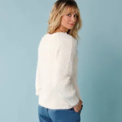 Trui met V-hals, 'loose' volume, in fantasie pareltricot