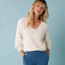 Trui met V-hals, 'loose' volume, in fantasie pareltricot