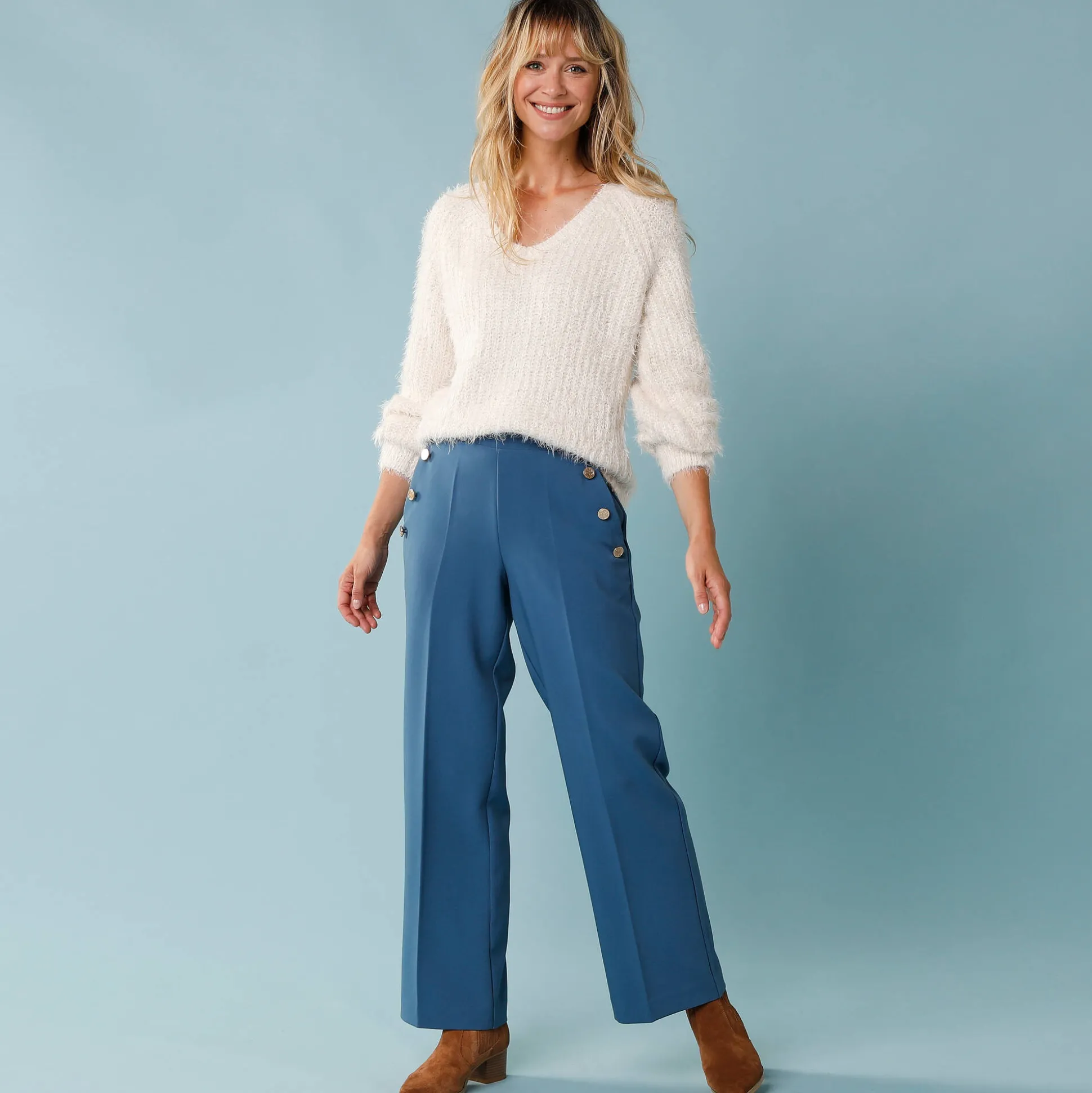 Trui met V-hals, 'loose' volume, in fantasie pareltricot