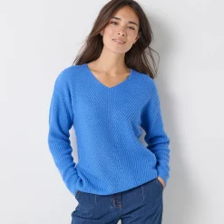 Trui met V-hals, patenttricot met zachte touch