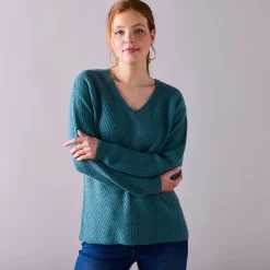 Trui met V-hals, patenttricot met zachte touch