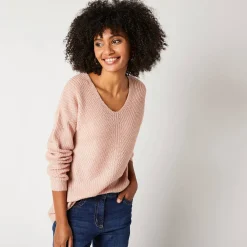 Trui met V-hals, patenttricot met zachte touch