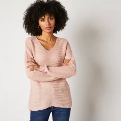 Trui met V-hals, patenttricot met zachte touch