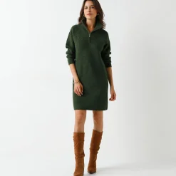 Trui-jurk met truckerskraag, ribtricot in wolmengeling