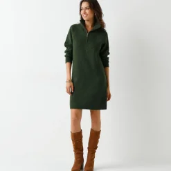 Trui-jurk met truckerskraag, ribtricot in wolmengeling